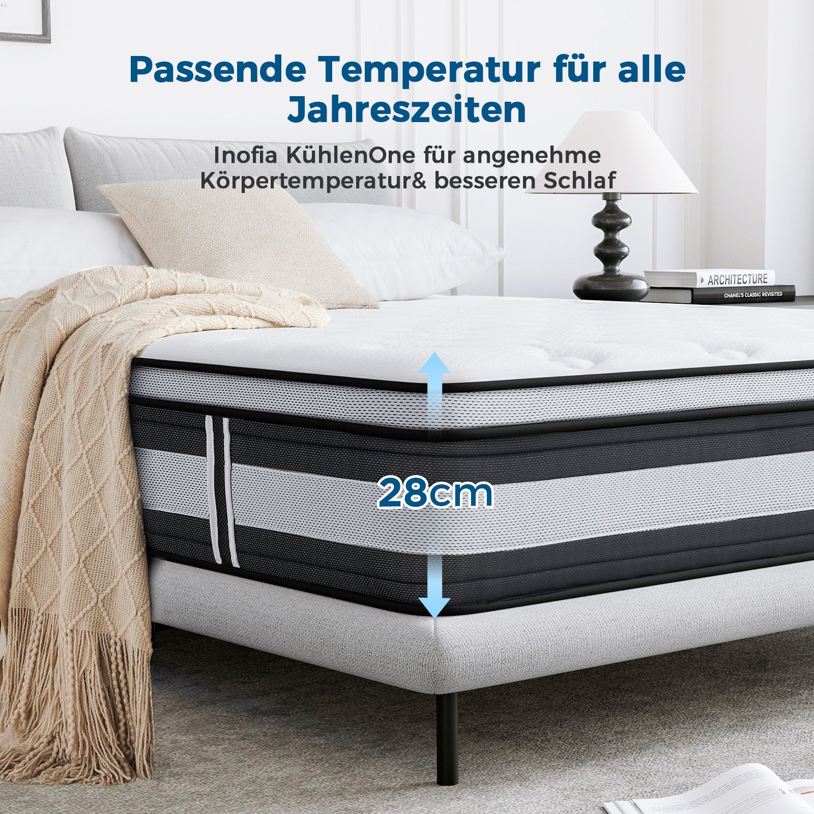 Inofia Matratze 28cm Höhe H3/H4 7-Zonen Federkernmatratze,KühlNest Taschenfederkernmatratze,Öko-Tex Zertifizierter Bio-Baumwolle Tonnentaschenfederkernmatratze-100 Nächte Probeschlafen