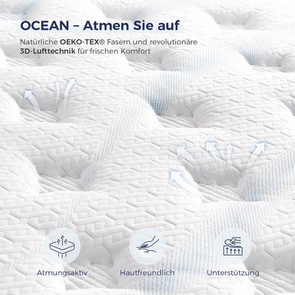 Inofia Matratze 30cm Ocean-Taschenfederkernmatratze H2/H3, Hohe 30cm mit 7-Zonen-Einzeltaschenfedern Memory Foam und 3D-Luftungstechnologie für erholsamen Schlaf, 100 Nächte Probeschlafen