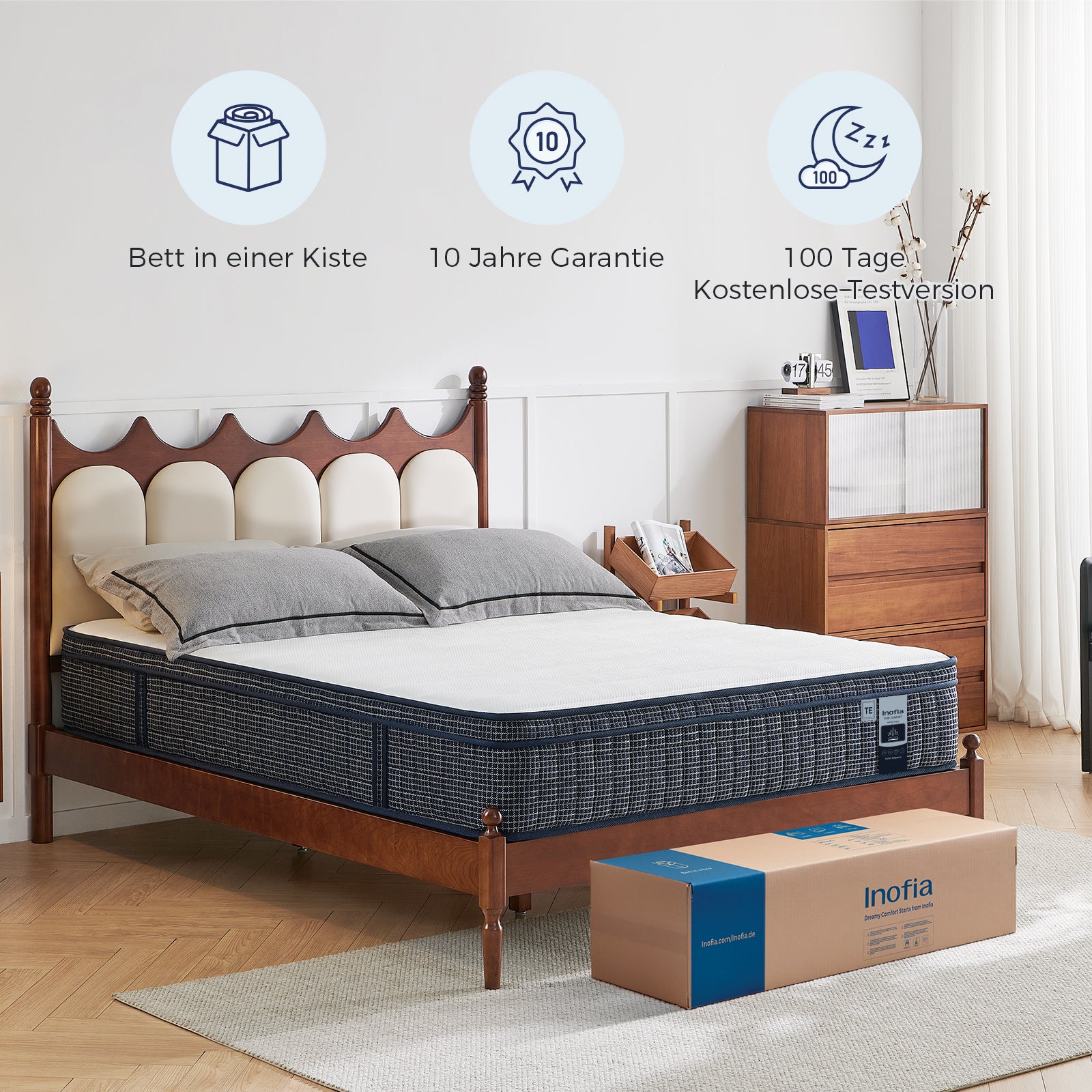 Matelas à ressorts ensachés 7 zones Inofia Tartan-E avec gel rafraîchissant HermoReg et housse VitaFlow 3D – Matelas orthopédique en mousse à mémoire de forme de 28 cm, certifié OEKO-TEX® 100 + essai de 100 nuits 
